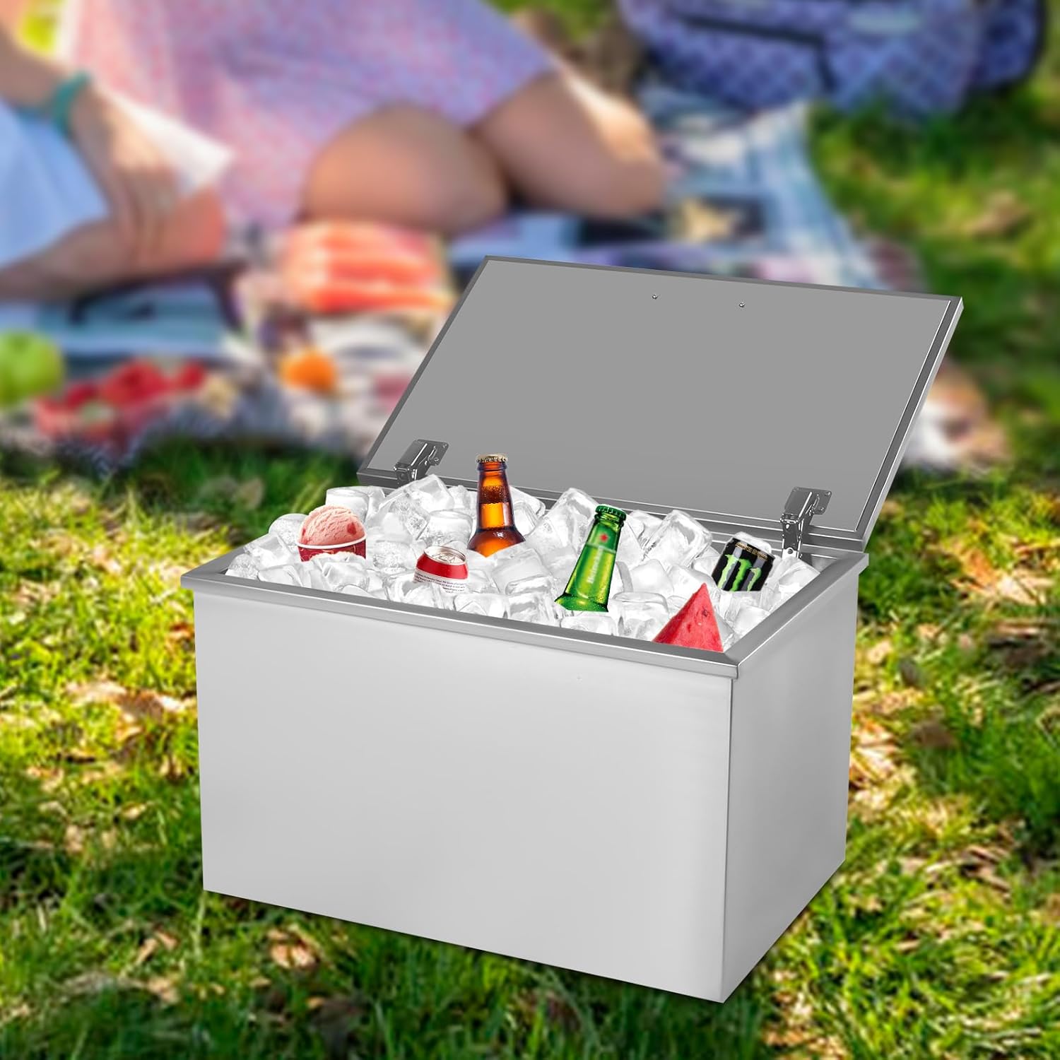 100L/105Qt Drop in Ice Chest,28 * 18 * 17inch Drop in Cooler,with Drain Hole and Drain Plug Ice Chest,Stainless Steel with Hinged Cover Parties Bars Kitchens Ice Bin for Cold Wine Beer