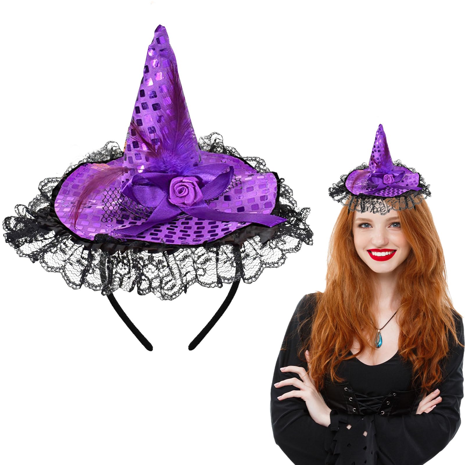 Opaska na głowę z kapeluszem czarownicy, opaska na głowę na Halloween z koronką z piórami kokarda, dekoracyjna opaska do włosów czarownicy, na imprezę maskową, cosplay Halloween