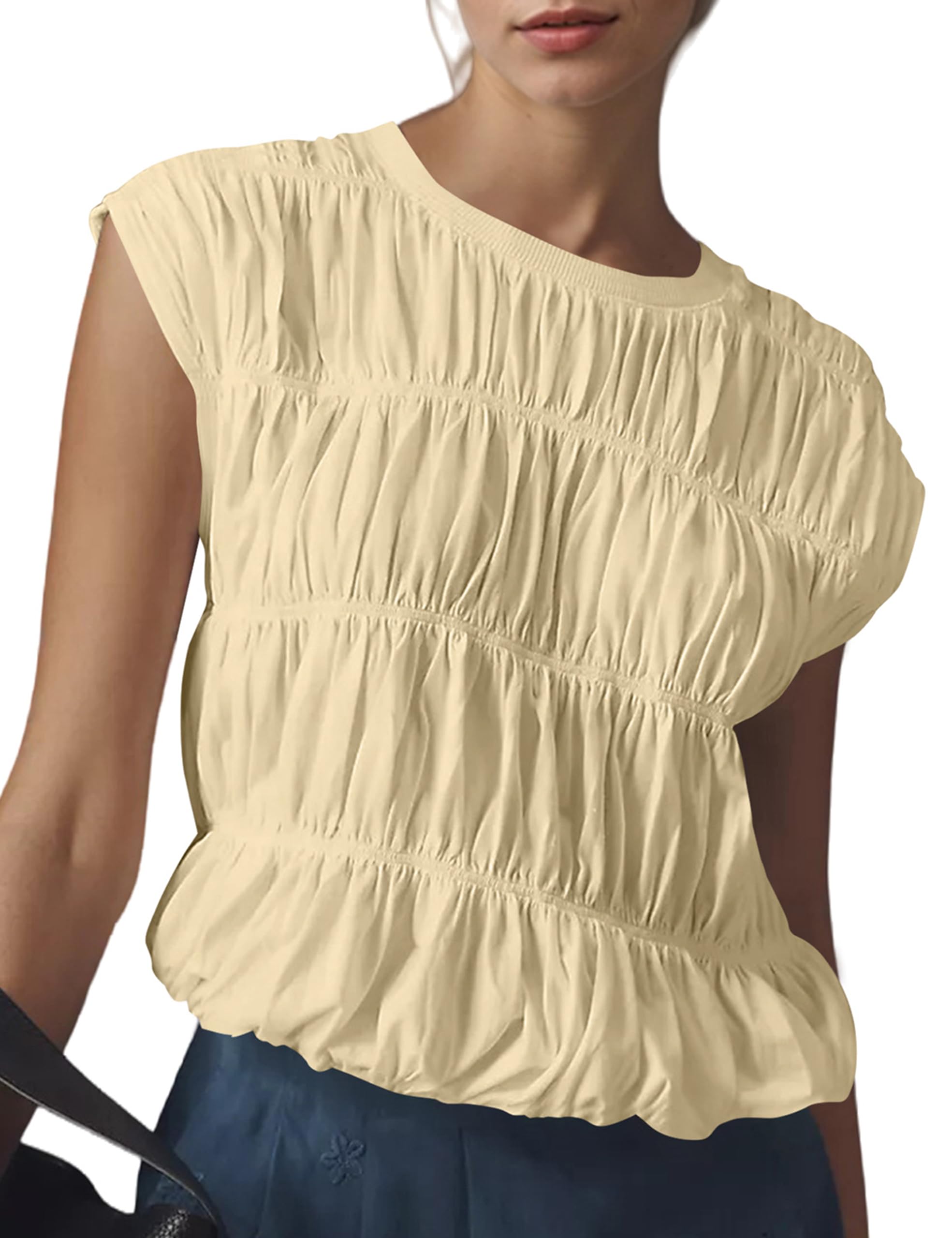 MISSACTIVER Women's Cute Tiered Shirred Bubble Top Solid Casual Crew Neck Cap Sleeve Tank Top Babydoll Tee Shirt Blouse Tops