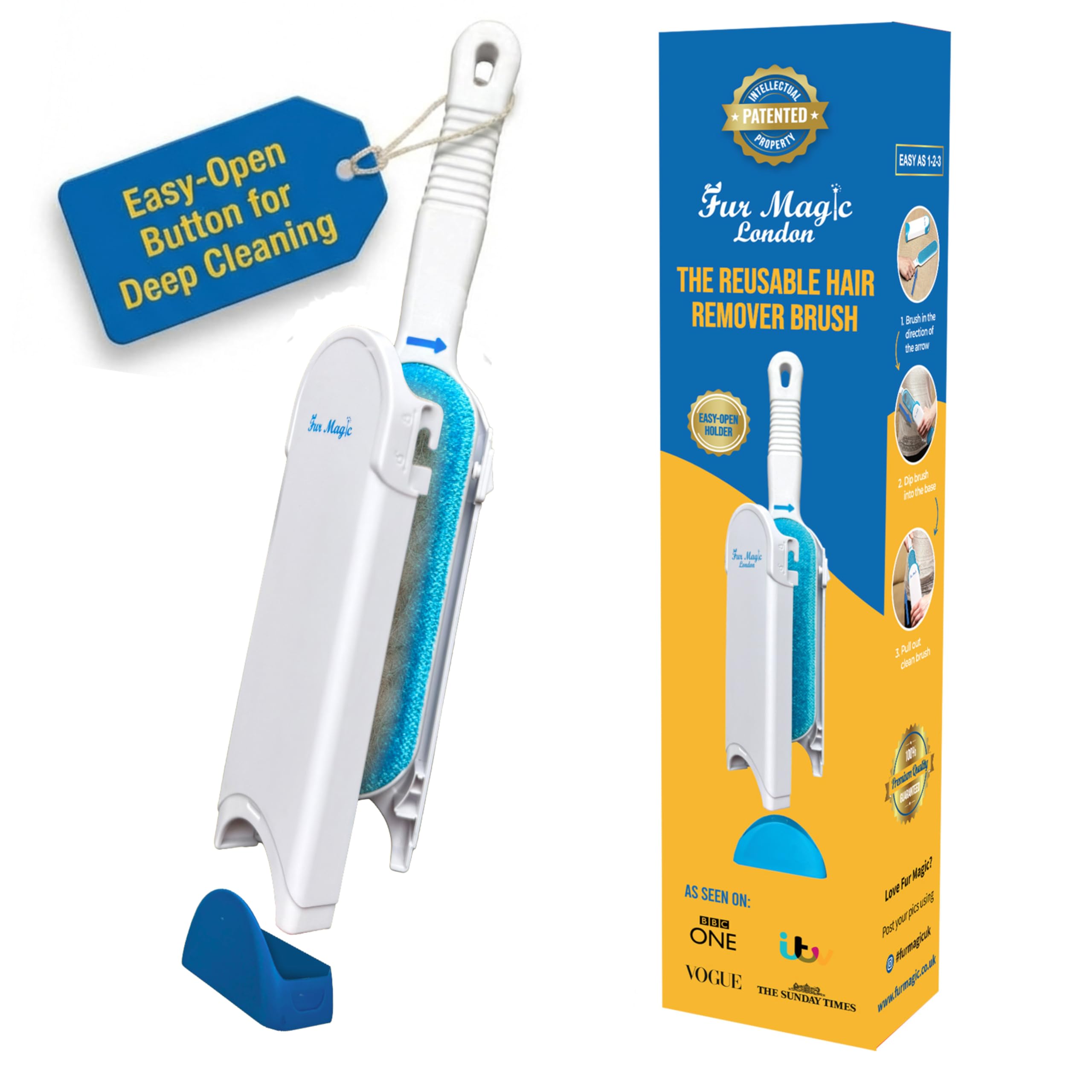 Fur Magic Pet Hair Remover Brush, Easy Open Self-Cleaning Base, Dogs & Cats