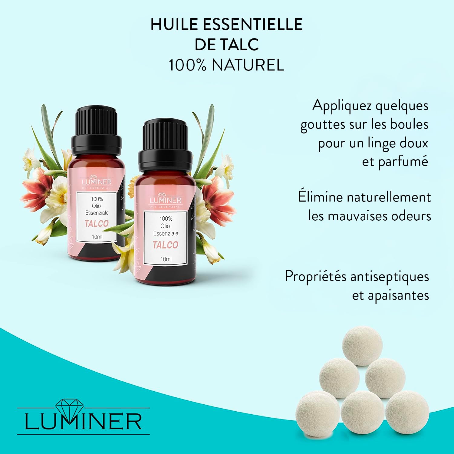 LUMINER Boules de Séchage en Laine x6 – Anti-Froissage, Anti-Statique, Attrape-Cheveux, 2 Huile Essentielle de Talc, Réutilisables pour Sèche-Linge