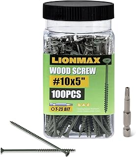 LIONMAX Deck Screws 5 Inch, Wood Screws #10 x 5, 100 PCS, Rust Resistant, Exterior Epoxy Coated, Outdoor Decking Screws, Torx/Star Drive Head Screw, T25 Star Bit Included, Green