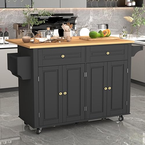 Carrito de isla de cocina con hoja caída, mesa móvil de isla de cocina con ruedas con armario de almacenamiento, cajón, estante para