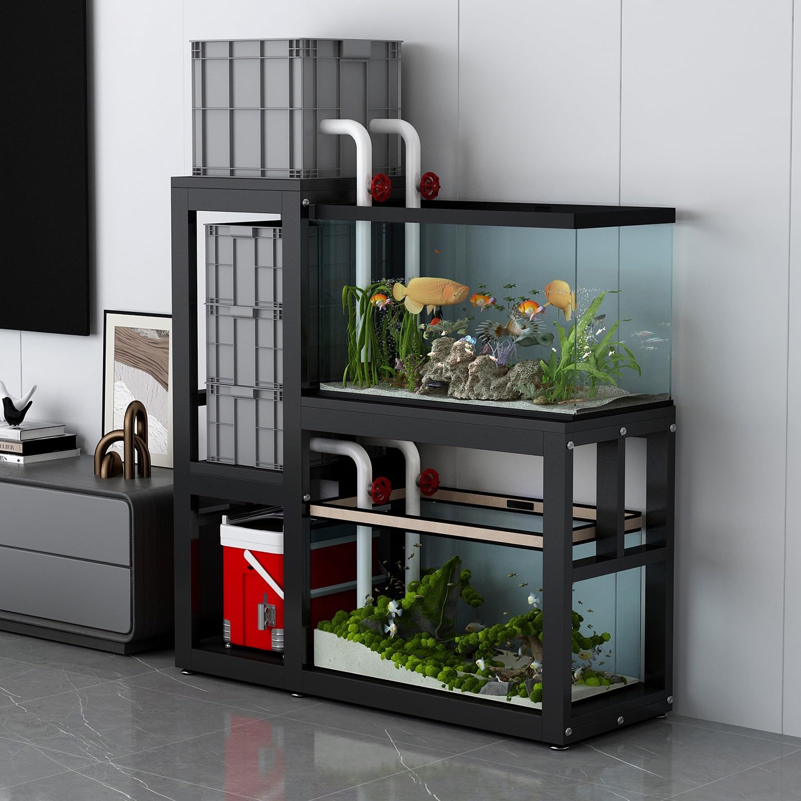 Fish Tank Stand, Three-tier Metal Aquarium Stand, Reptile Tank Stands for Accessories Storage, Reinforced Steel Frame, fits Aquarium, Turtle Tank, Terrariums(Black,90x40cm/35.5x15.7in)