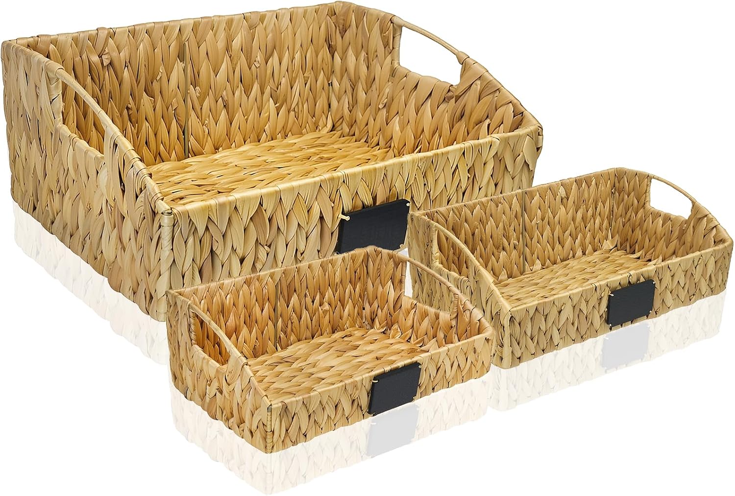 3 Pack Handwoven Water Hyacinth Storage Baskets with Handles & Chalkboard Labels, Wicker Bins for Pantry Kitchen Bathroom