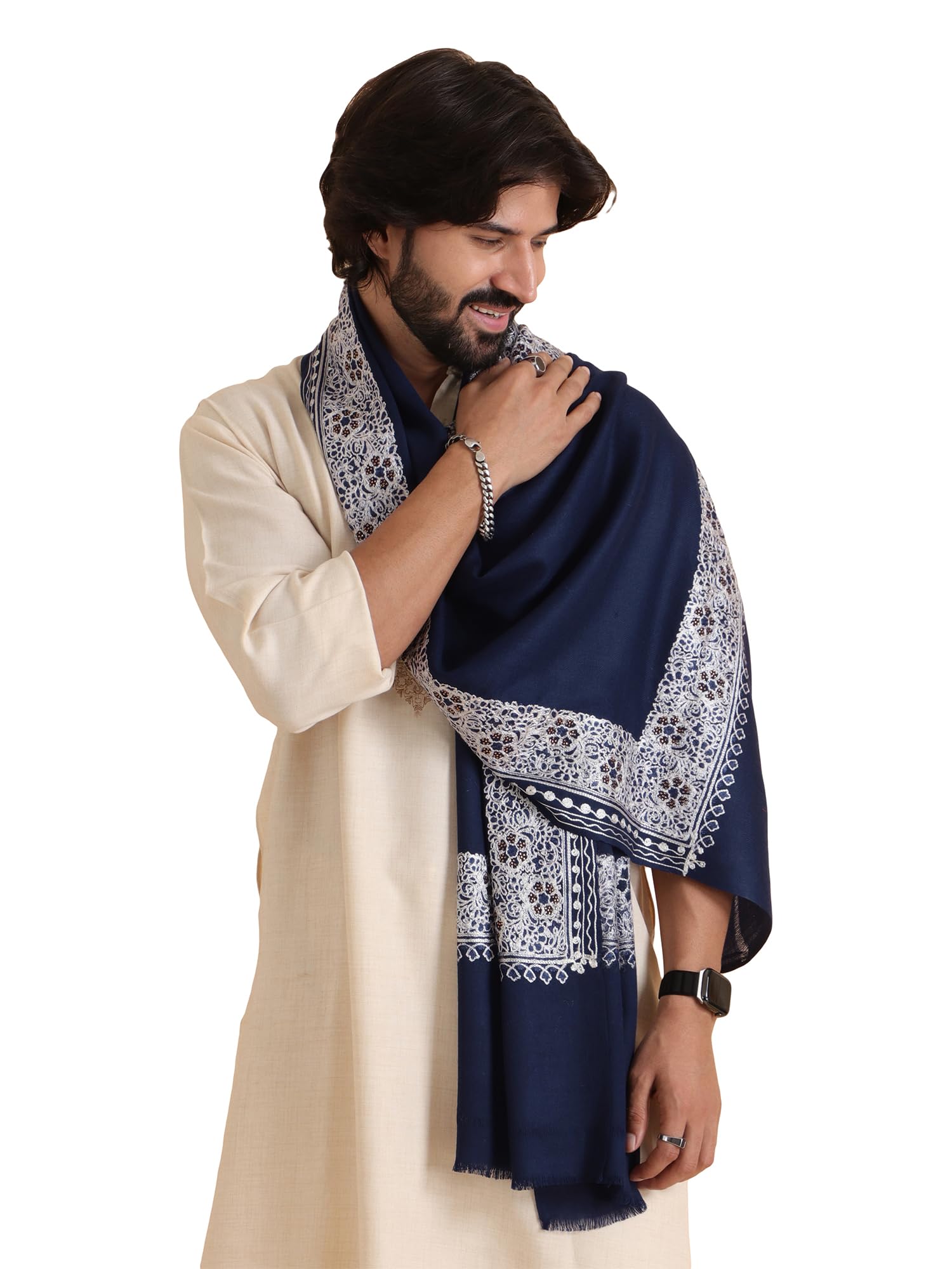 Men 's Fine Wool Kashmiri Embroidery Shawl/Stole, Warm and Soft Scarf, Medium Size-image-32