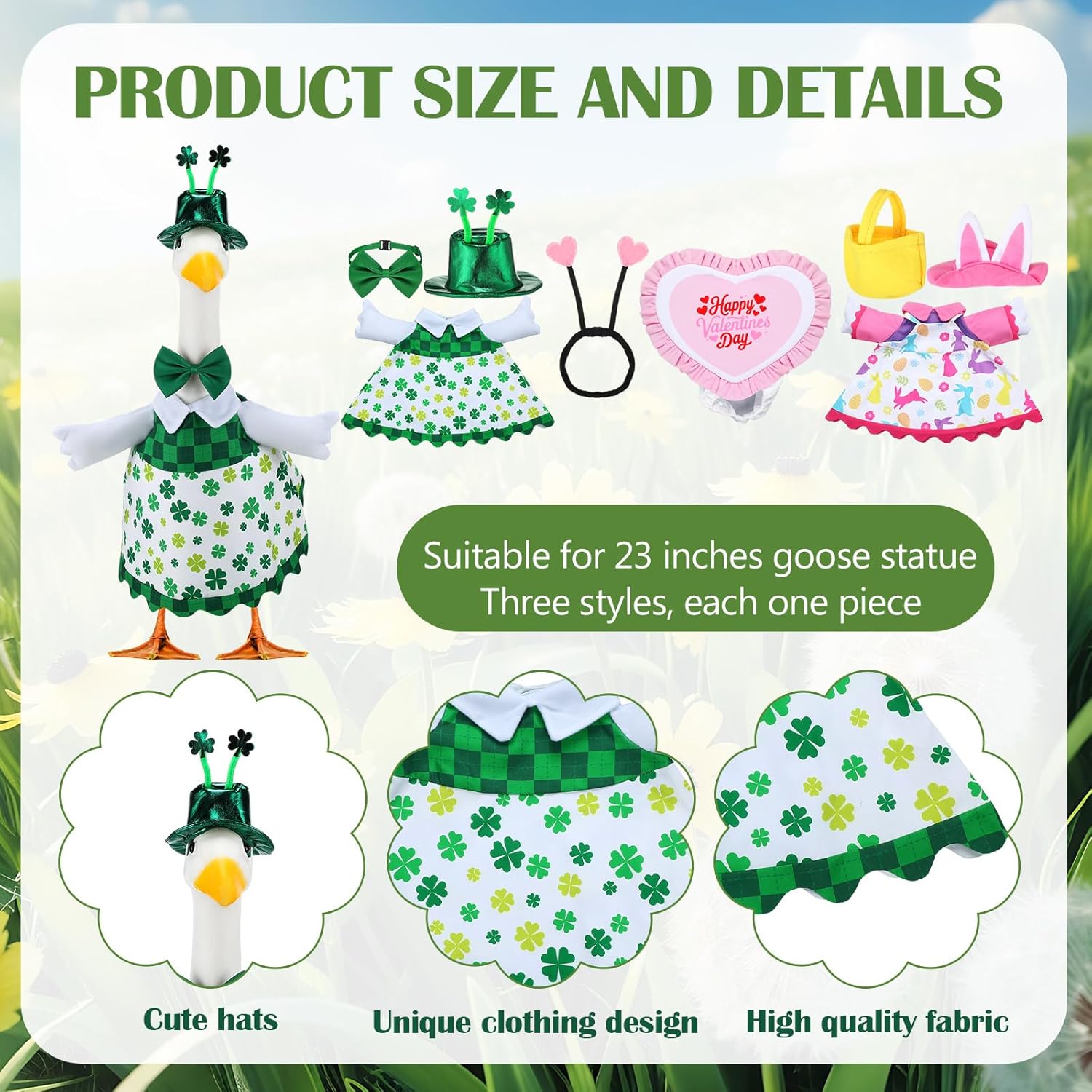 Abbylike 3 Set St. Patrick's Day Porch Goose Outfits Easter Spring Yard Goose Clothes Valentine's Day Lawn Costume for 23 Inch Cement Patio Garden Outdoor Statue Decor