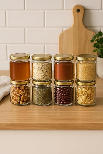 AFAST Clear Glass Storage Jars with Gold Lid – 100 ml, Pack of 8, Airtight Small Containers for Spice, Masala, Pickle, Dry...
