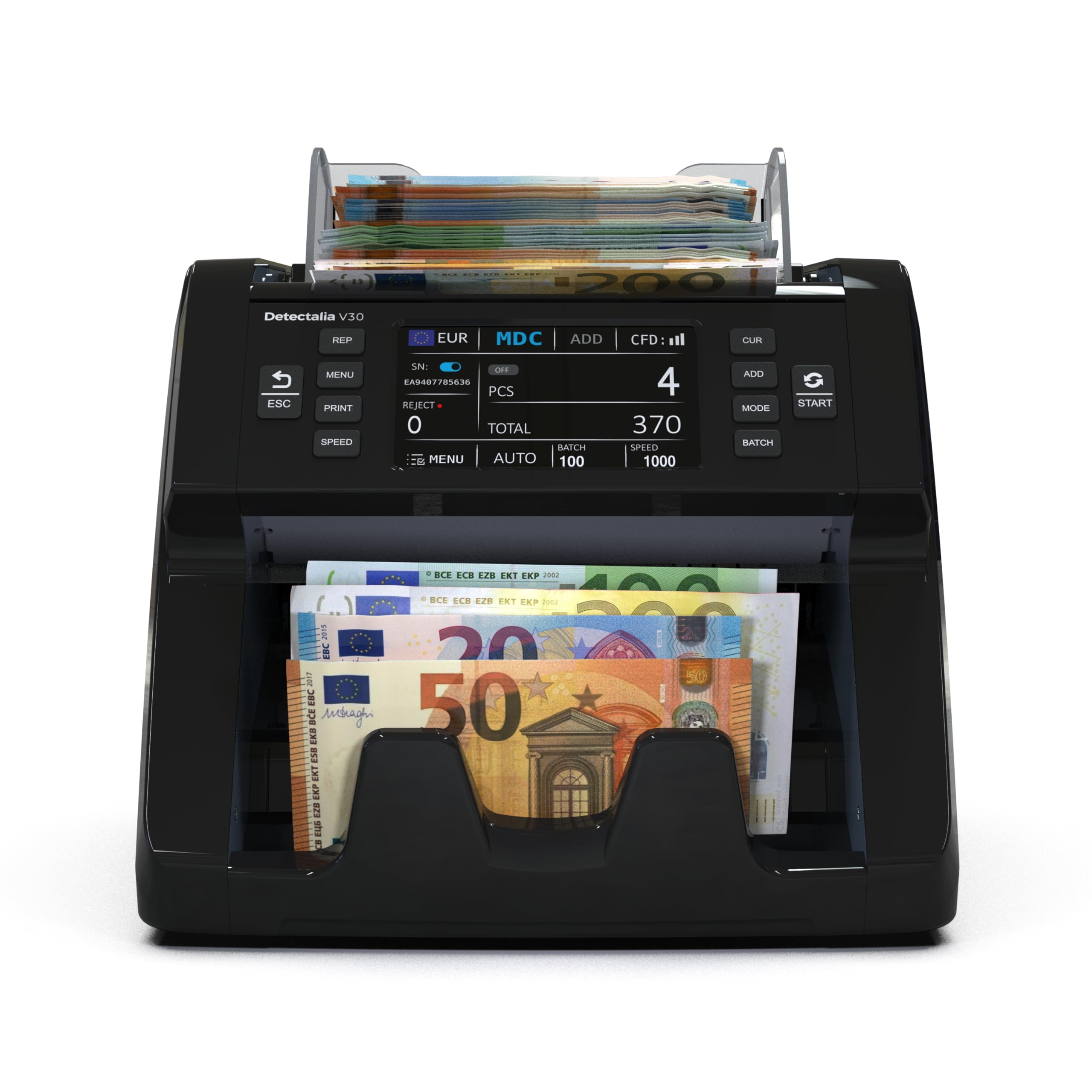 Detectalia V30 Contador de Billetes Detector Falsos Doble CIS Pantalla Táctil 4.5" Multidivisa 1200 Billetes/Minuto USB