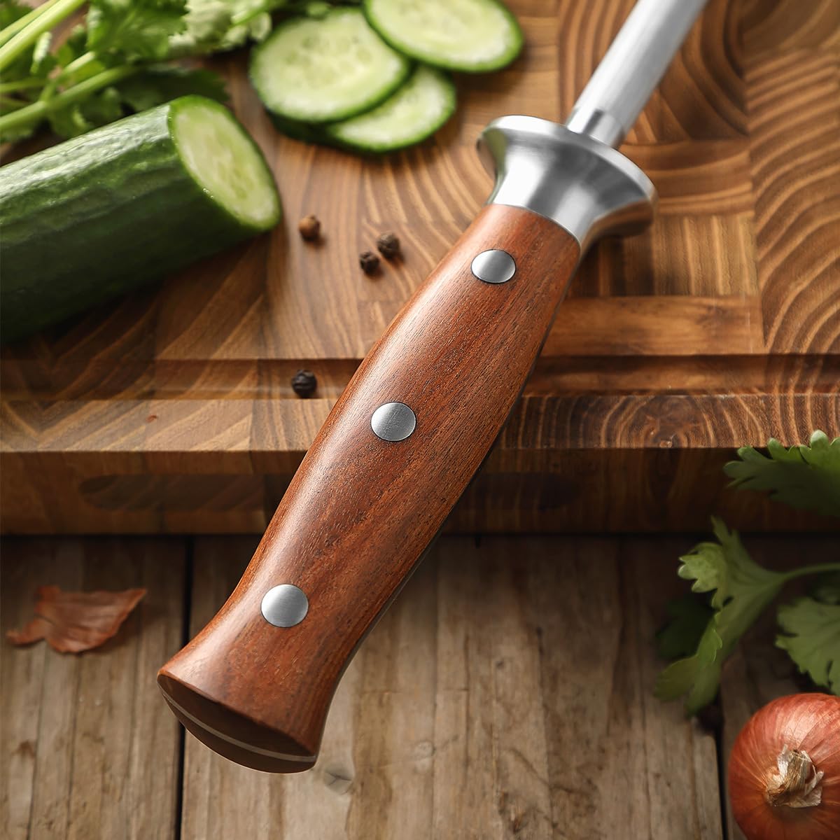 HEZHEN Chairas Afiladores de Cuchillos de Acero de Alto Carbono, Barra de Afilar Acero Inoxidable para Afilar Cuchillos de Cocina, Mango de Madera