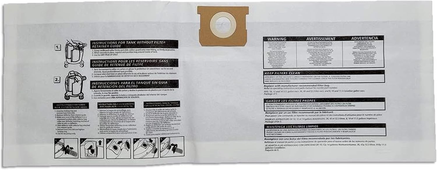 (10) Replacement Bags For Shop Vac 10-14 Gallon Units. Replaces Type F, 90662, 906-62-00, SV-9066200