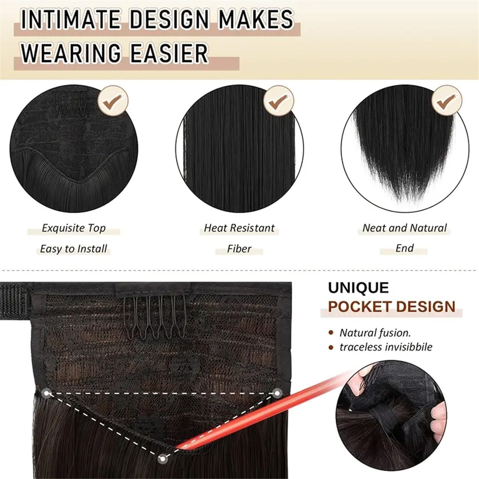 Przedłużenie kucyka Długie, proste, owijane, doczepiane włosy w kucyk, syntetyczne, miękkie, sztuczne Codzienne użytkowanie(1B)