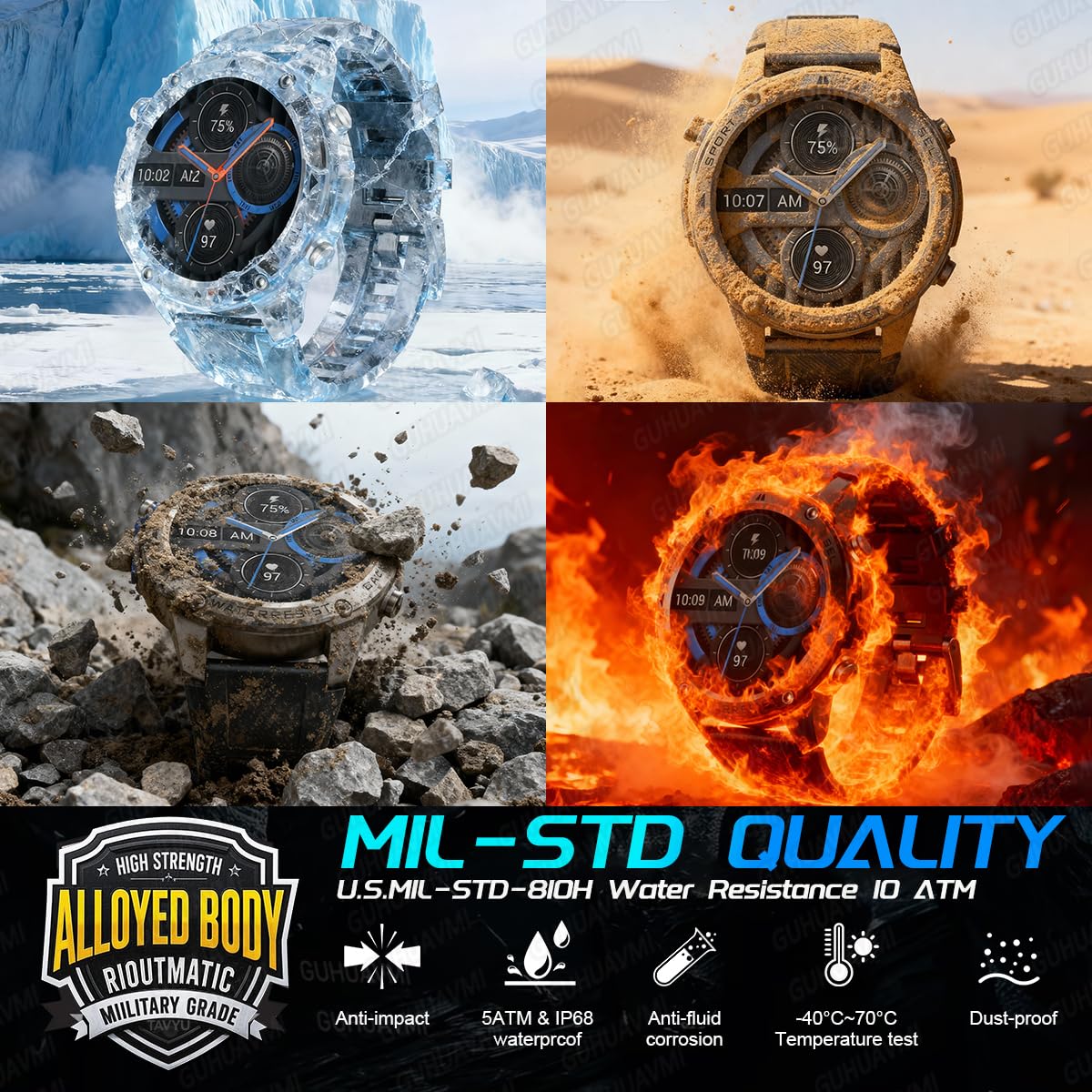Smart Watch GPS da uomo militare robusto, bussola, impermeabile fino a 50 m, batteria grande da 500 mAh, schermo AMOLED da 1,4 pollici, rispondere/effettuare chiamate, compatibile con Android iOS (2