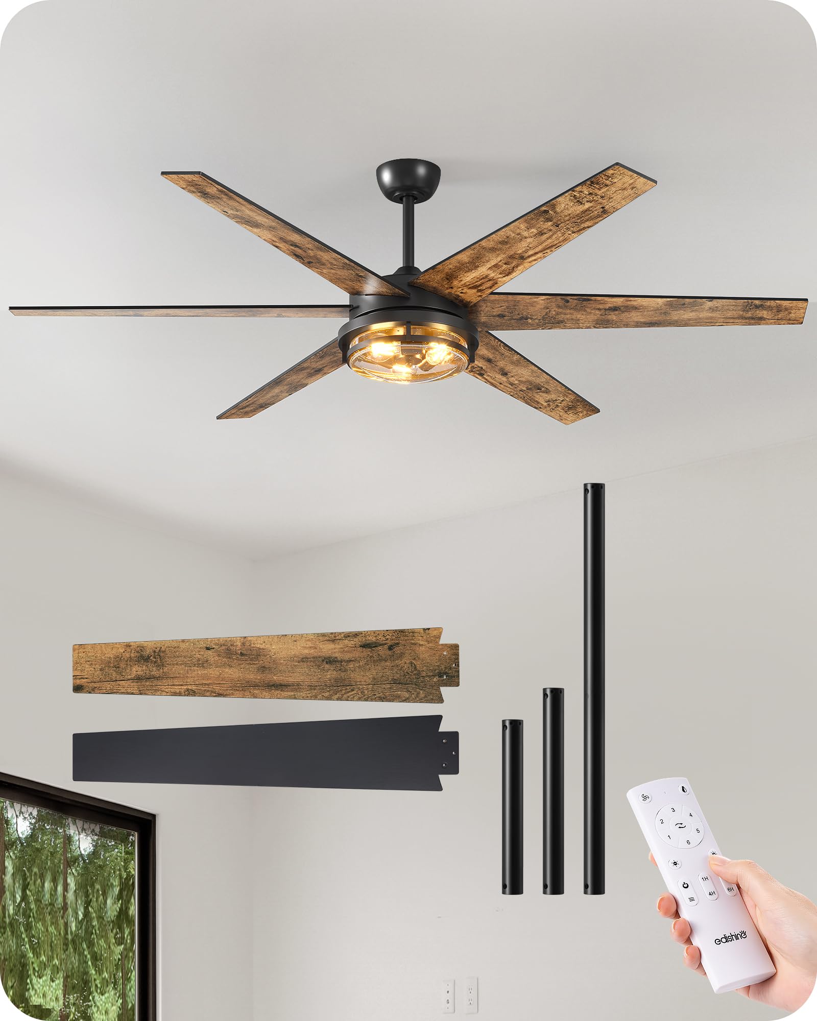 Photo 1 of EDISHINE 70" Large Farmhouse Ceiling Fans with Lights and Remote,10%-100% Dimmable, Wood Blades, 8000CFM Indoor Black Ceiling Fan for Living Room Patio Office, 6 Speed Reversible Quiet DC Motor