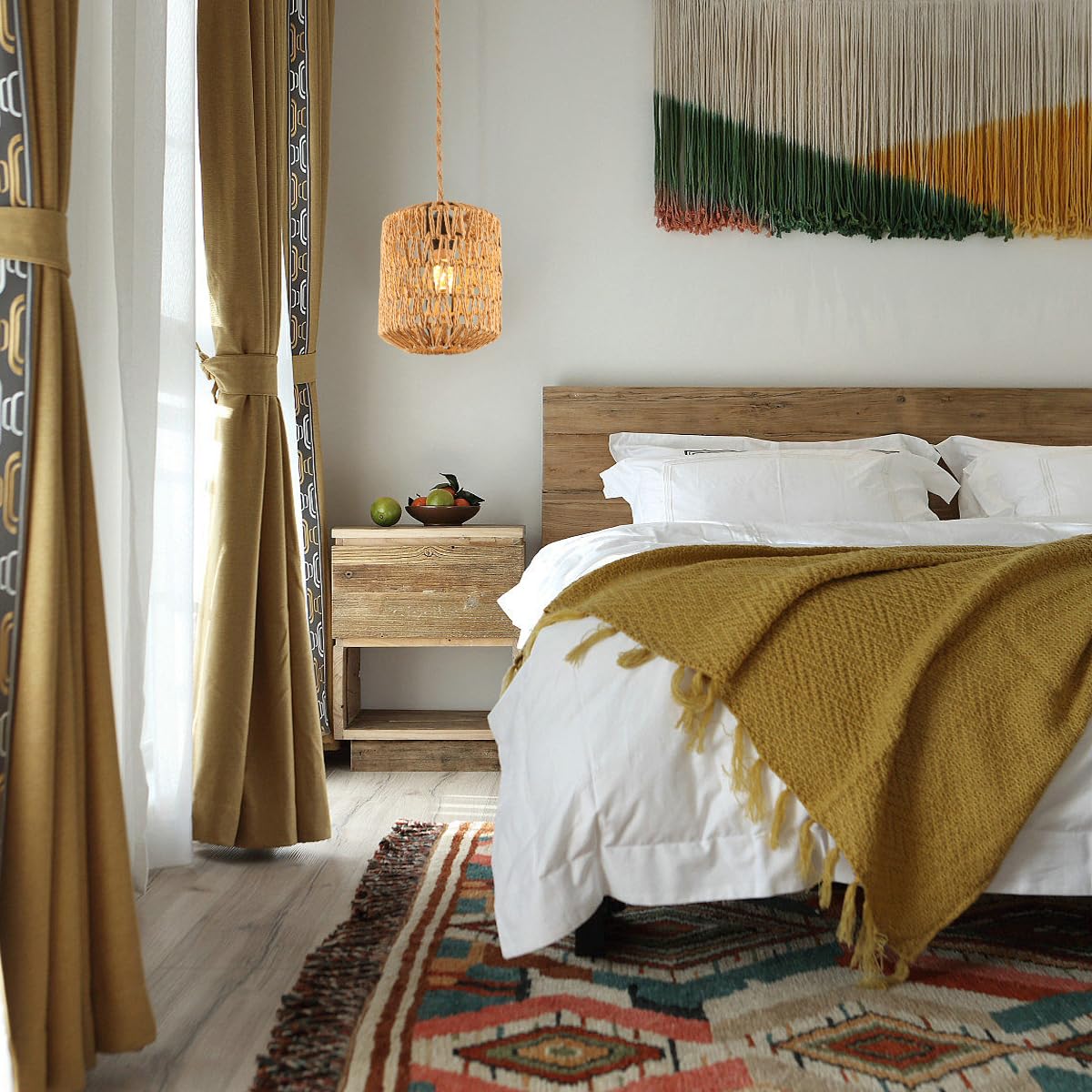 Lampadario Rattan, Lampada a Sospensione Boho Con Paralume E27 | Lampadario Vintage Per Soggiorno, Camera da Letto, Cucina Con Potenza Massima di 60W