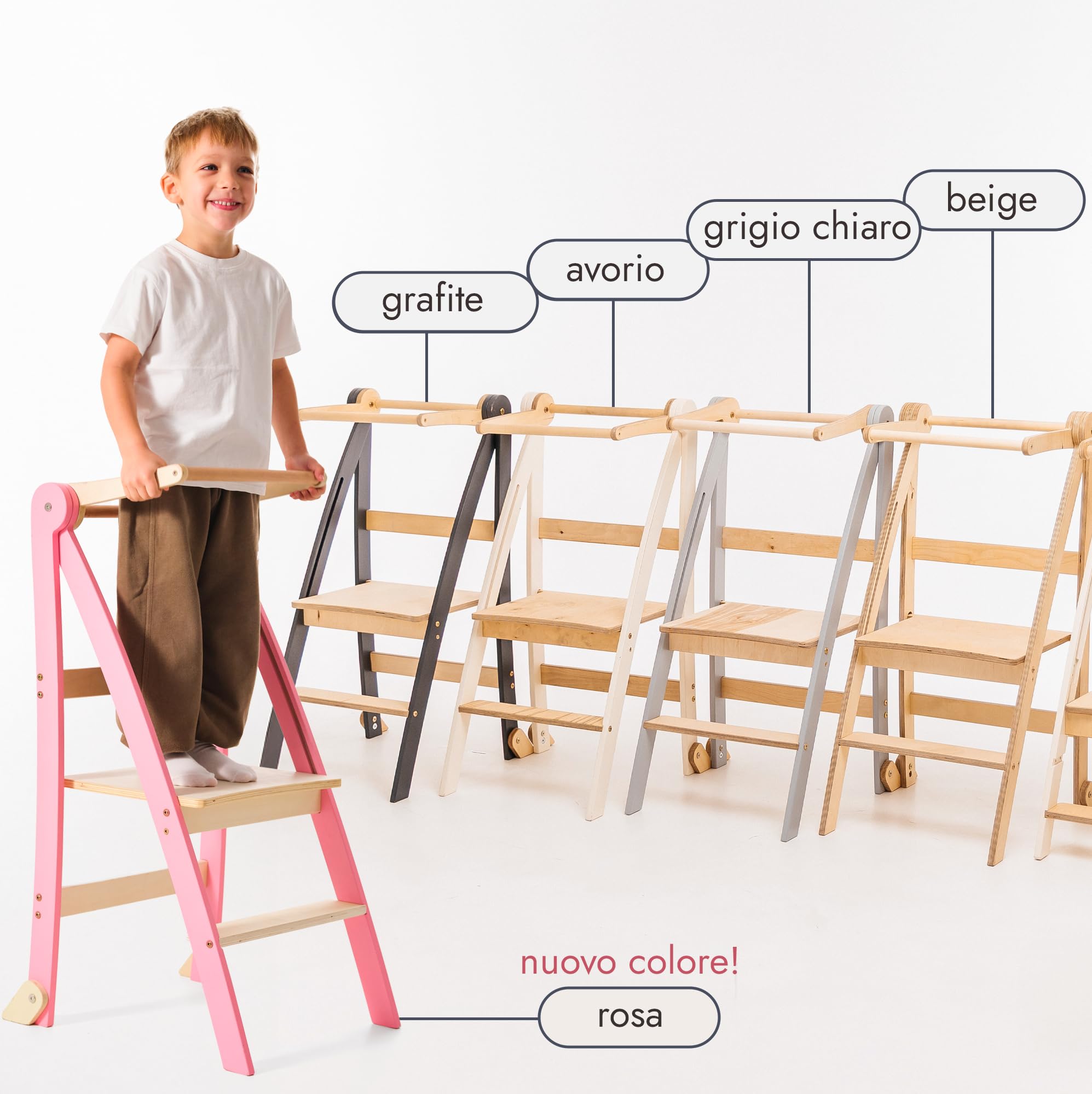 Goodevas Torre di apprendimento in legno Montessori salvaspazio : scala pieghevole in pelle, sgabello per bambini, scala pieghevole per bambini, scala di apprendimento con protezione antiribaltamento