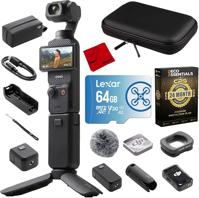 DJI Osmo Pocket 3 Creator Combo Gimbal Stabilizer with 1′′ CMOS & 4K/120fps Video, 3-Axis Stabilization Bundle with 10" Hard EVA Case, 64GB Memory Card and 2 YR CPS Enhanced Protection Pack