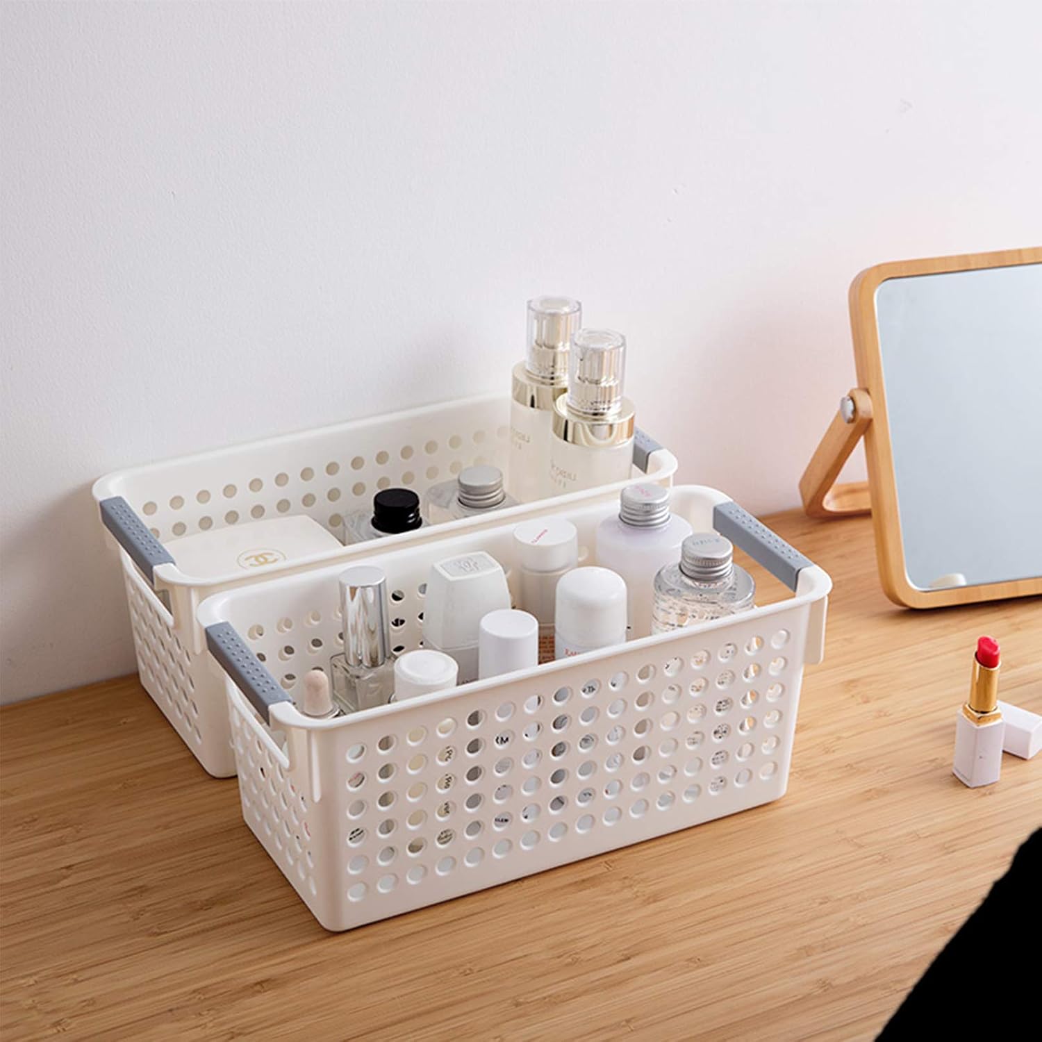 JAKAGO Slim Plastic Storage Basket Pack of 3 Shelf Basket with Non-slip Handles Storage Bin for Home Office Rectangular Organizer box for Nursery Bedroom Bathroom Kitchen