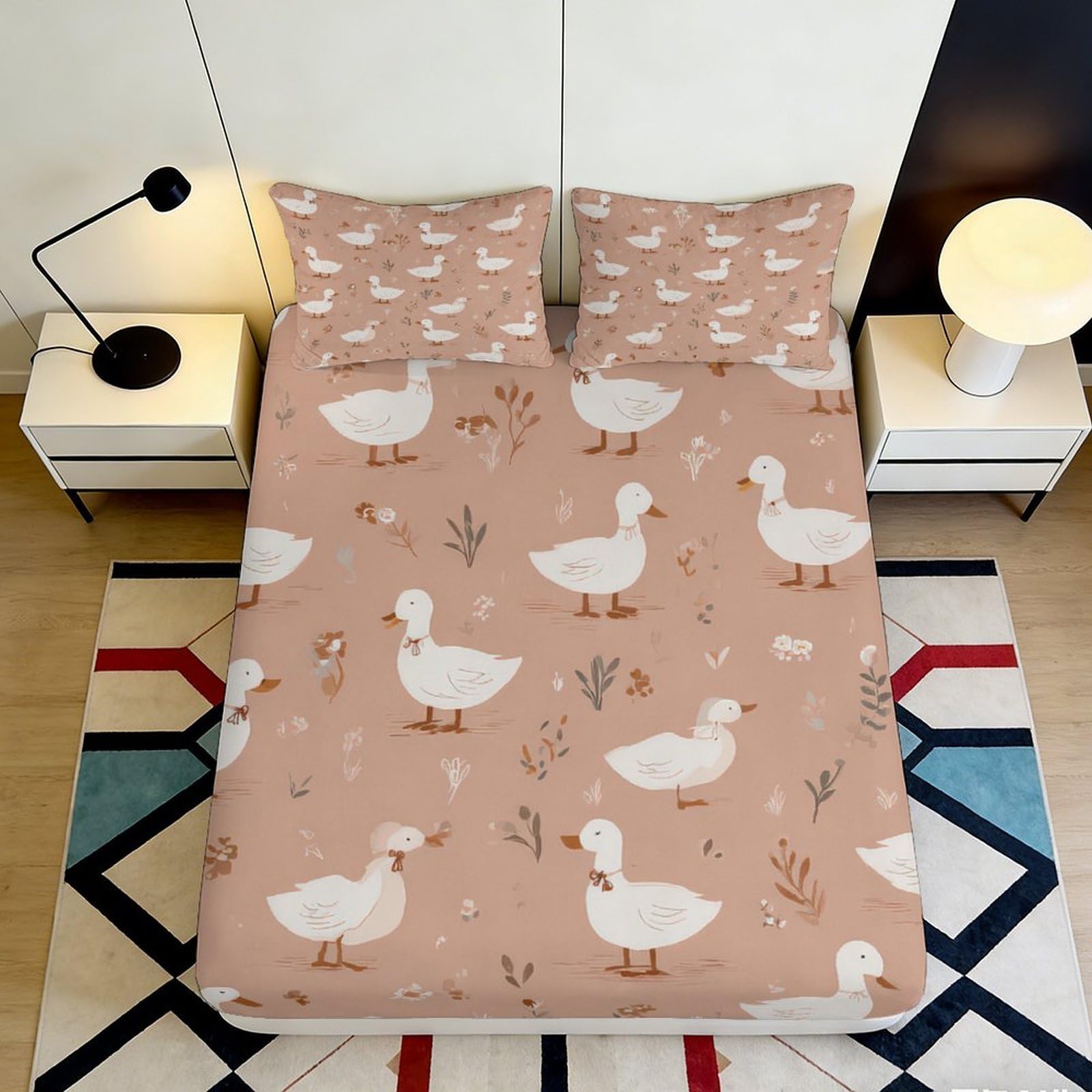 3D Printed Cartoon Duck Fitted Sheet Microfiber Soft Breathable Floral Bed Cover for Bedroom Dormitory Guest Room Mattress Protection Decor 160x200x25cm
