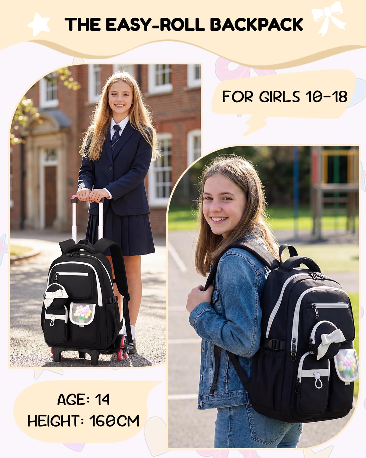 Amythe Mochila con Ruedas para Niña 10-18 Años, 6 Ruedas, Blanco | Mochila Carrito Adolescentes para Instituto y Colegio - Trolley Escolar Extraíble – Gran Capacidad para Ordenador 15.6"