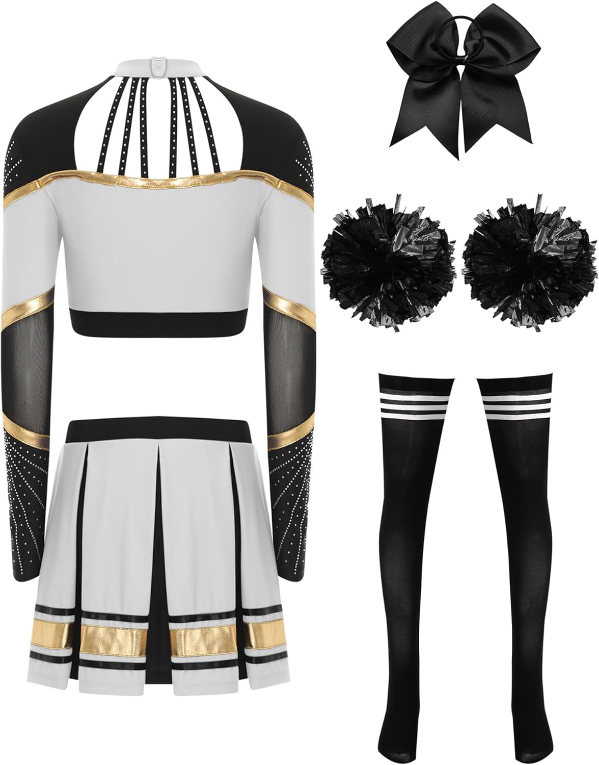 Oyolan Women Cheerleading Dance Outfit Long Sleeve Crop Top with Pleated Skirt 5Pcs Set