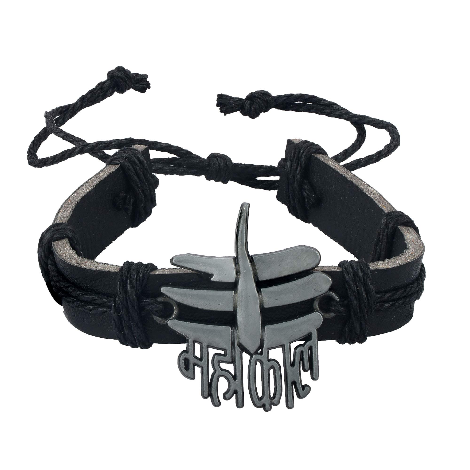 Lord Shiv Mahakal/महाकाल Tripund Third Eye Agate Stainless Steel Black Leather Charm Adjustable Cord Trendy Design Bracelet Wrist Band for Men and Women