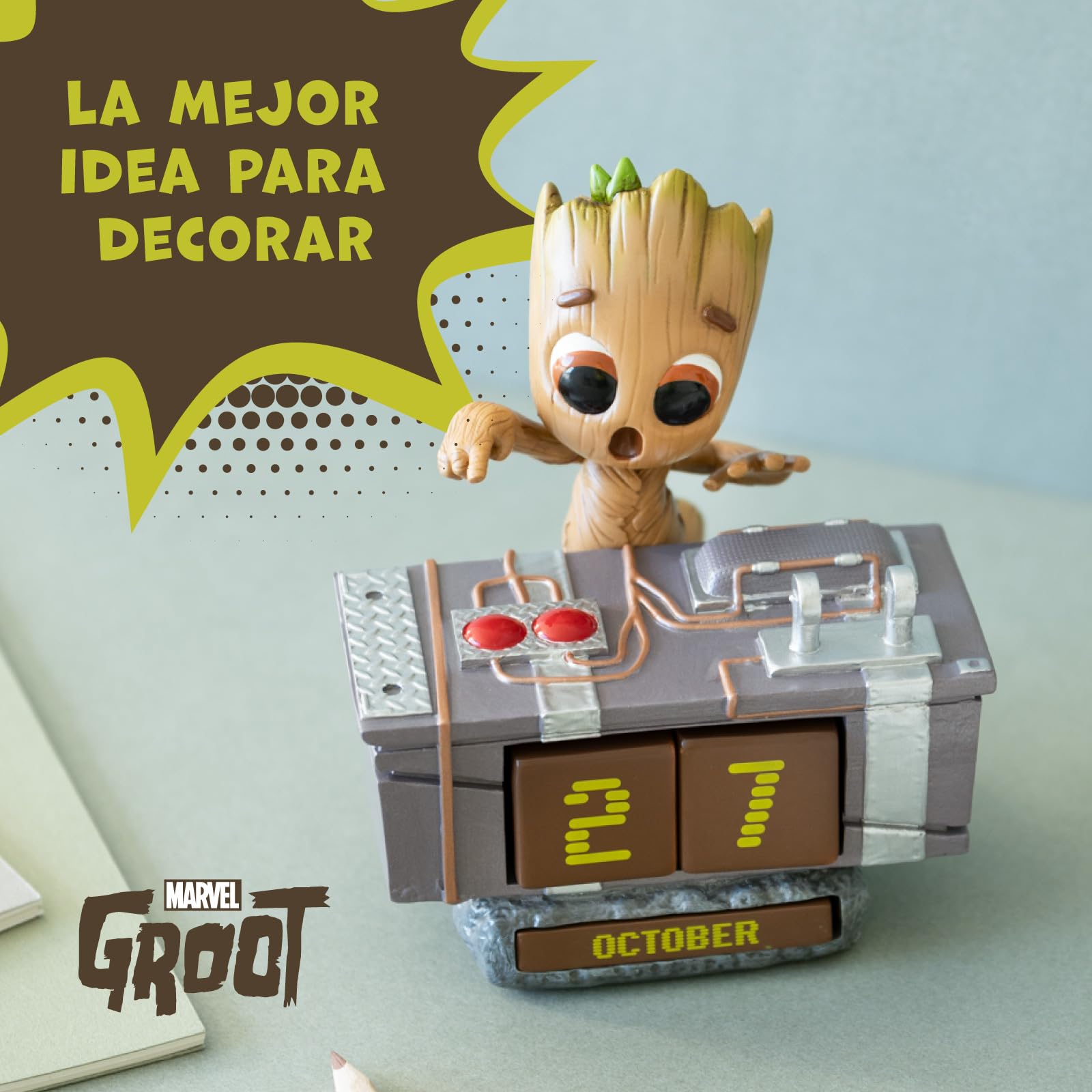 Calendario Perpetuo Groot 3D - Groot Figura de Marvel para Decoracion Habitacion Juvenil - Calendario sobremesa para niños │ Muñecos Marvel Merchandising Oficial