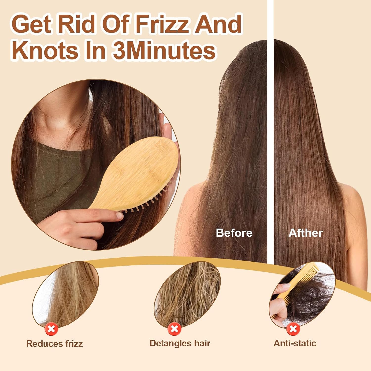 VIZARO Wooden Hair Brush for Women Hair Growth, Bamboo Bristles Oval Comb 2