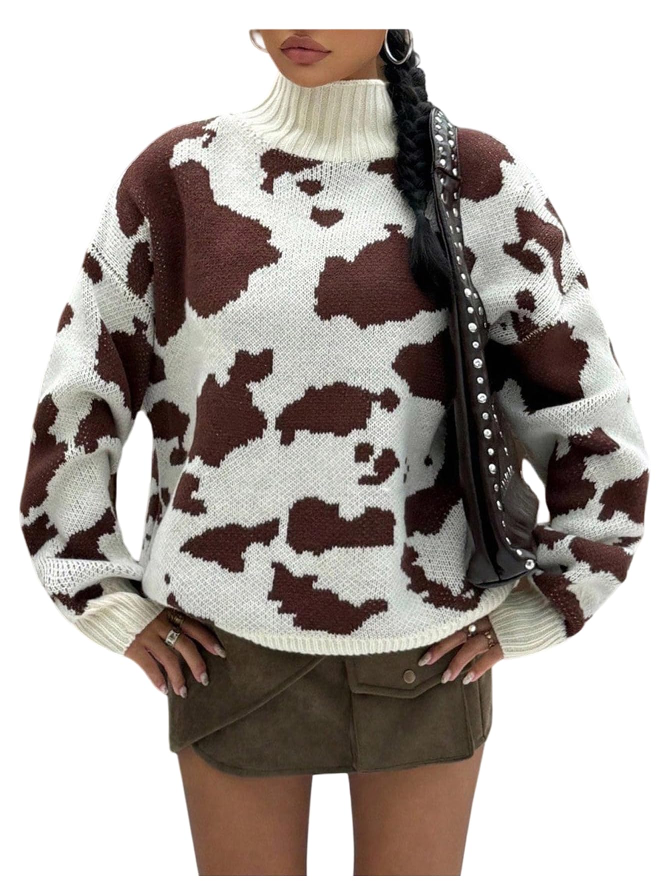 SweatyRocks Womens Y2K Oversized Sweaters Turtleneck Long Sleeve Cow Graphic Knit Pullover Sweaters