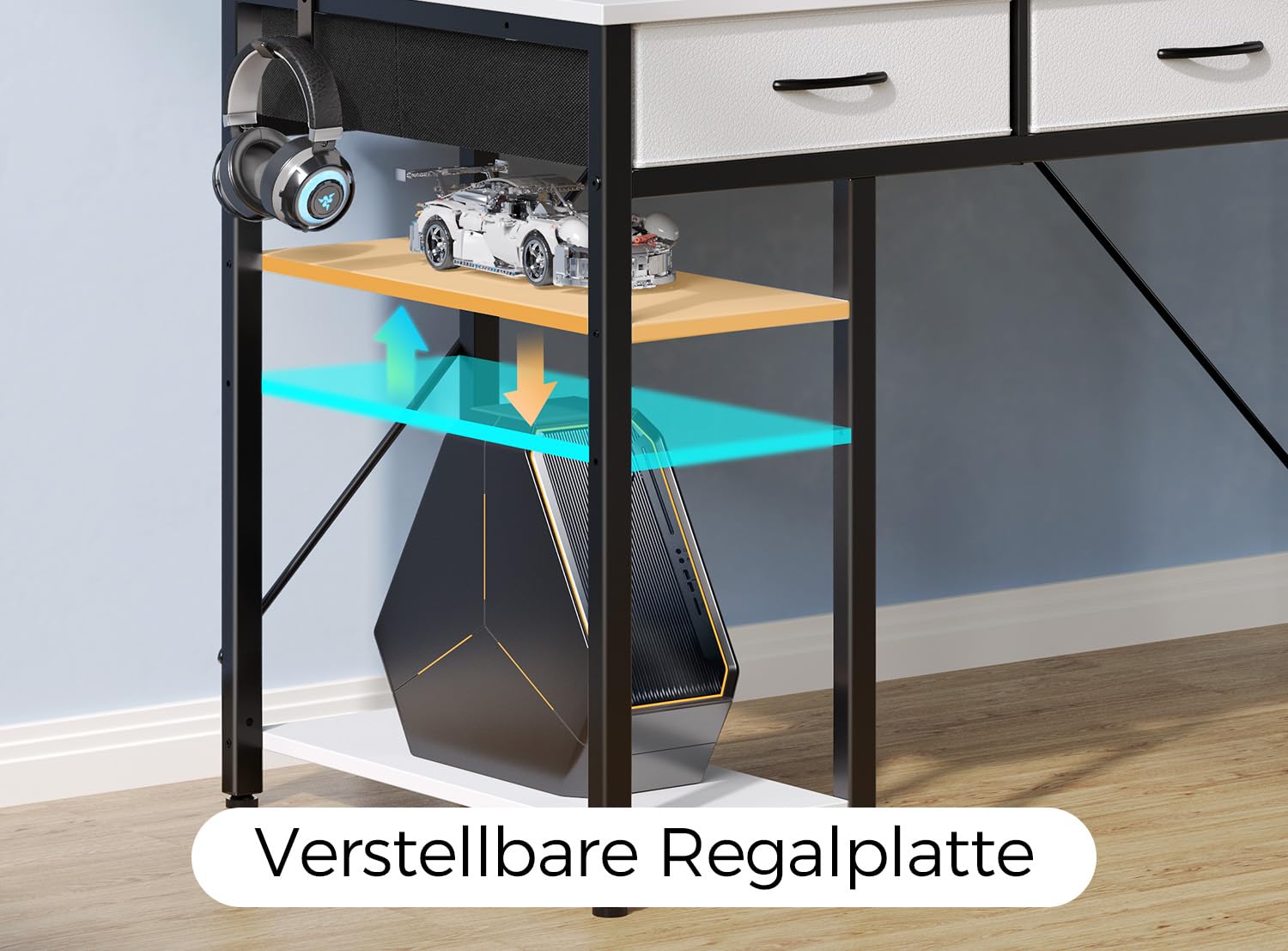 Seventable Schreibtisch mit Schubladen, Computertisch mit Steckdosen & LED, Gaming Tisch mit Monitorständer, Regal & 2 Haken, Gaming Schreibtisch für Büro, Wohnzimmer (Weiß, 100 cm)