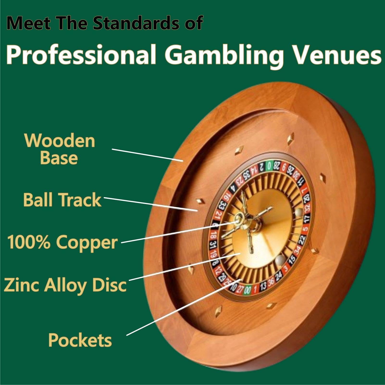Roulette-Rad, tragbares Casino-Set, Roulette-Rad aus Holz, Drehteller, Präzisionslager in Casino-Qualität, Turm aus verchromtem Messing, sehr sanfte Drehbewegung,Single0-18in