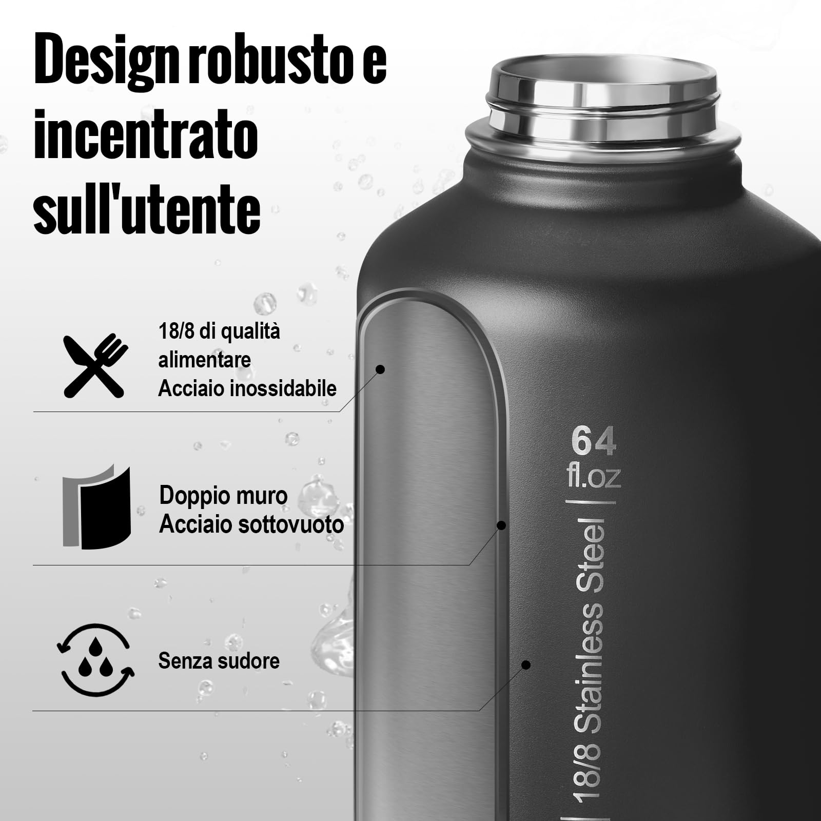 OneTigris Borraccia in acciaio inox 1,9L, alta capacità, borraccia sportiva con buon effetto isolante per bicicletta, campeggio, yoga, palestra, softair, nero, 64 OZ