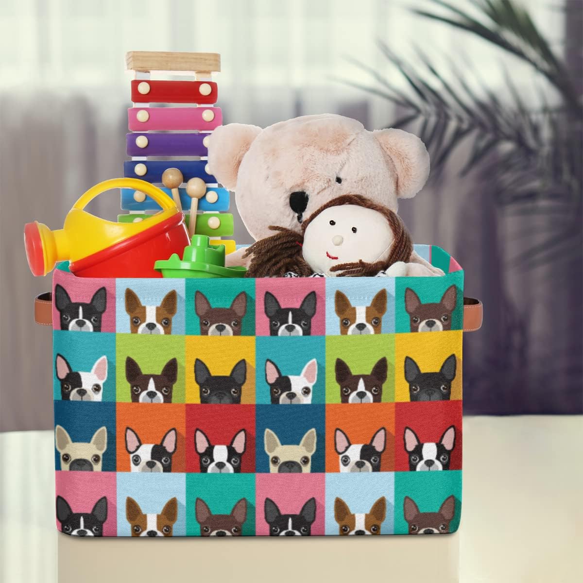 cfpolar Rectangular Storage Bin, Cute Dog Bulldog Plaid Collapsible Storage Basket with Handles for Organizing Home Kitchen Boys Girls Toys Office Closet Shelf Nursery Bedroom