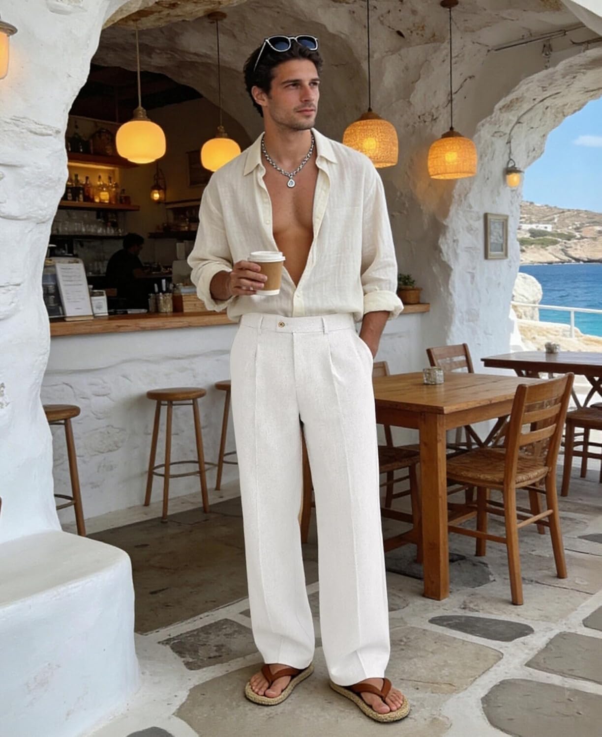 Susclude Mens Linen Casual Dress Pants Old Money Wide Leg Baggy Pleated Slacks Elastic Waist Work Vacation Trousers - Image 7