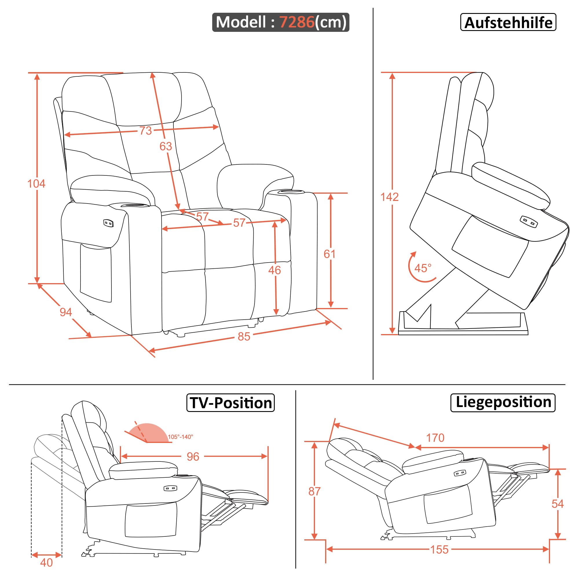 M MCombo Fauteuil TV avec Aide à la montée électrique, Fauteuil avec Aide à la montée, Fauteuil TV avec Fonction inclinable jusqu'à 140°, avec USB 7286