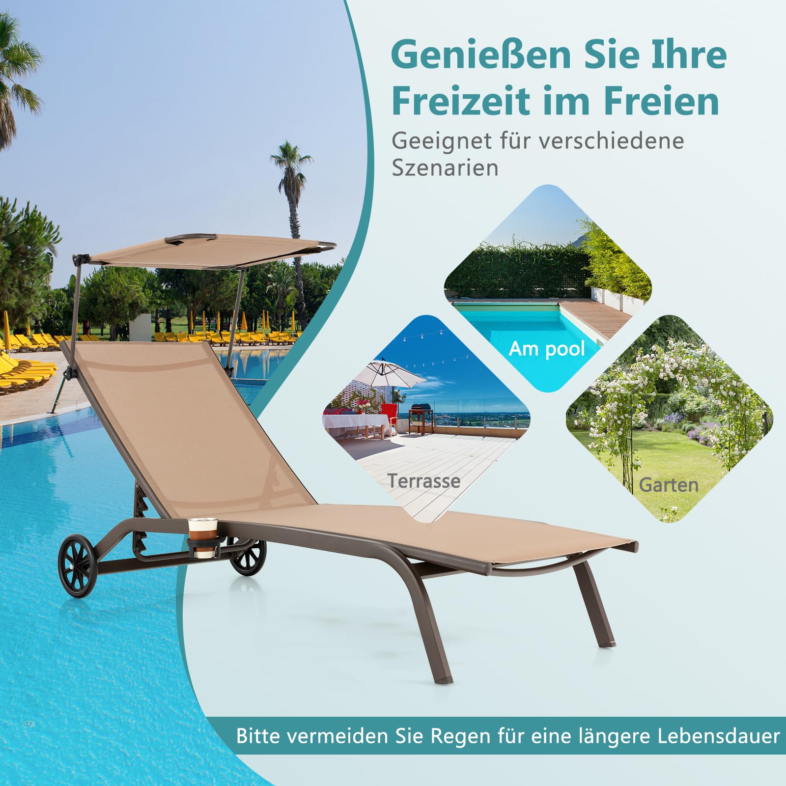 GOPLUS Gartenliege, Sonnenliege mit Dach, Liegestuhl Garten mit Rollen & Getränkehalter, Rücklehne 6 stufig verstellbar, Gartenliege wetterfest, bis 150kg belastbar, 165 x 61 x 96cm (Braun)
