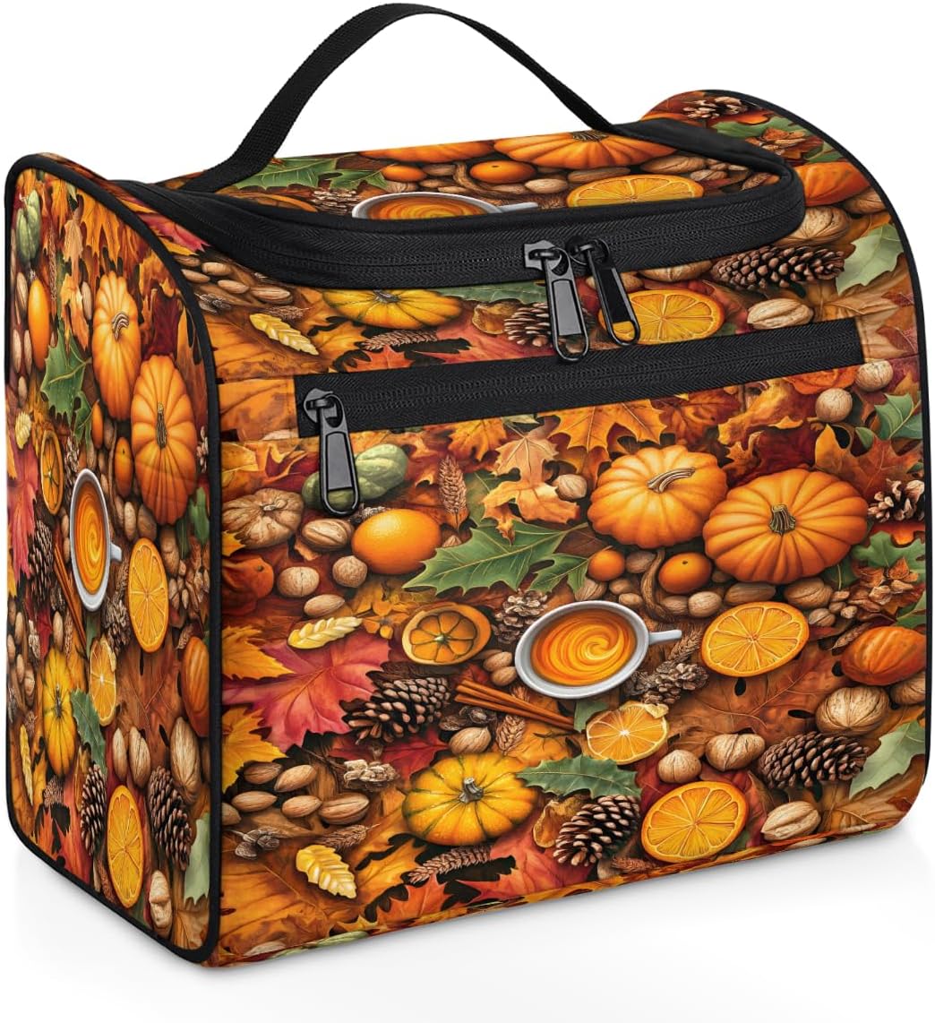 Toiletry Bag for Women, Fall Pumpkin Coffee Pinecones Hanging Travel Toiletry Bag, Water-resistant Cosmetic Makeup Organizer for Toiletries and Cosmetics, Bathroom Shower Bag with Handle and Hook