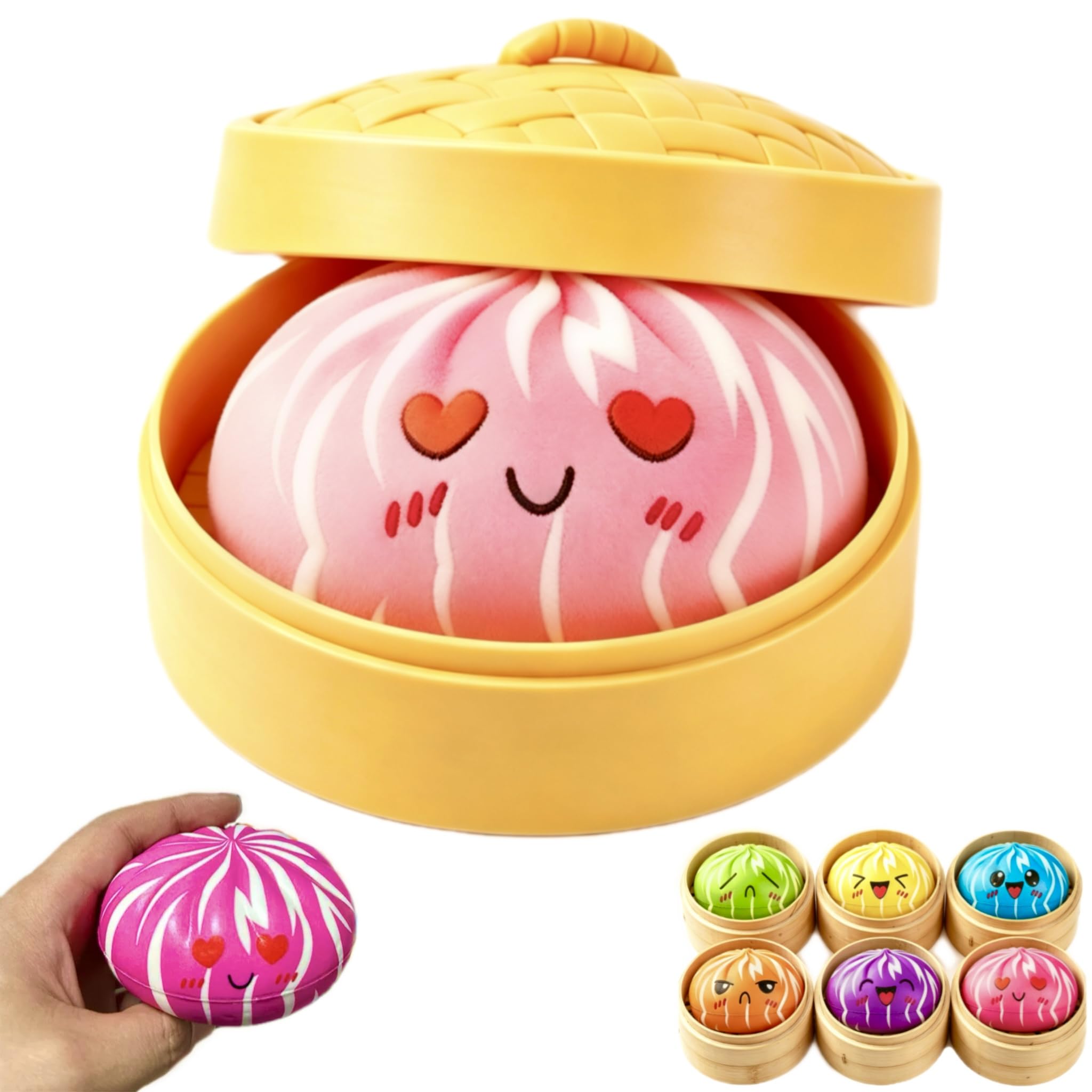 Dumpling Squishies Slow Rebound,Dumplings Squishy Mystery Box,Dumplings Stress Fidget Sensory Balls with Food Steamer,for Girls End Boys Gift,Birthday Gift (Pink)