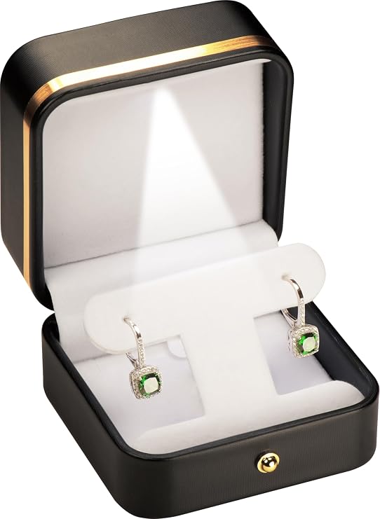 LAODA Led Black Earring Gift Jewelry Box PU Leather for Dangle Hoops Studs | T style with light lighted necklace pendant holder portable storage organizer dangling giftgiving earrings set stud leverback