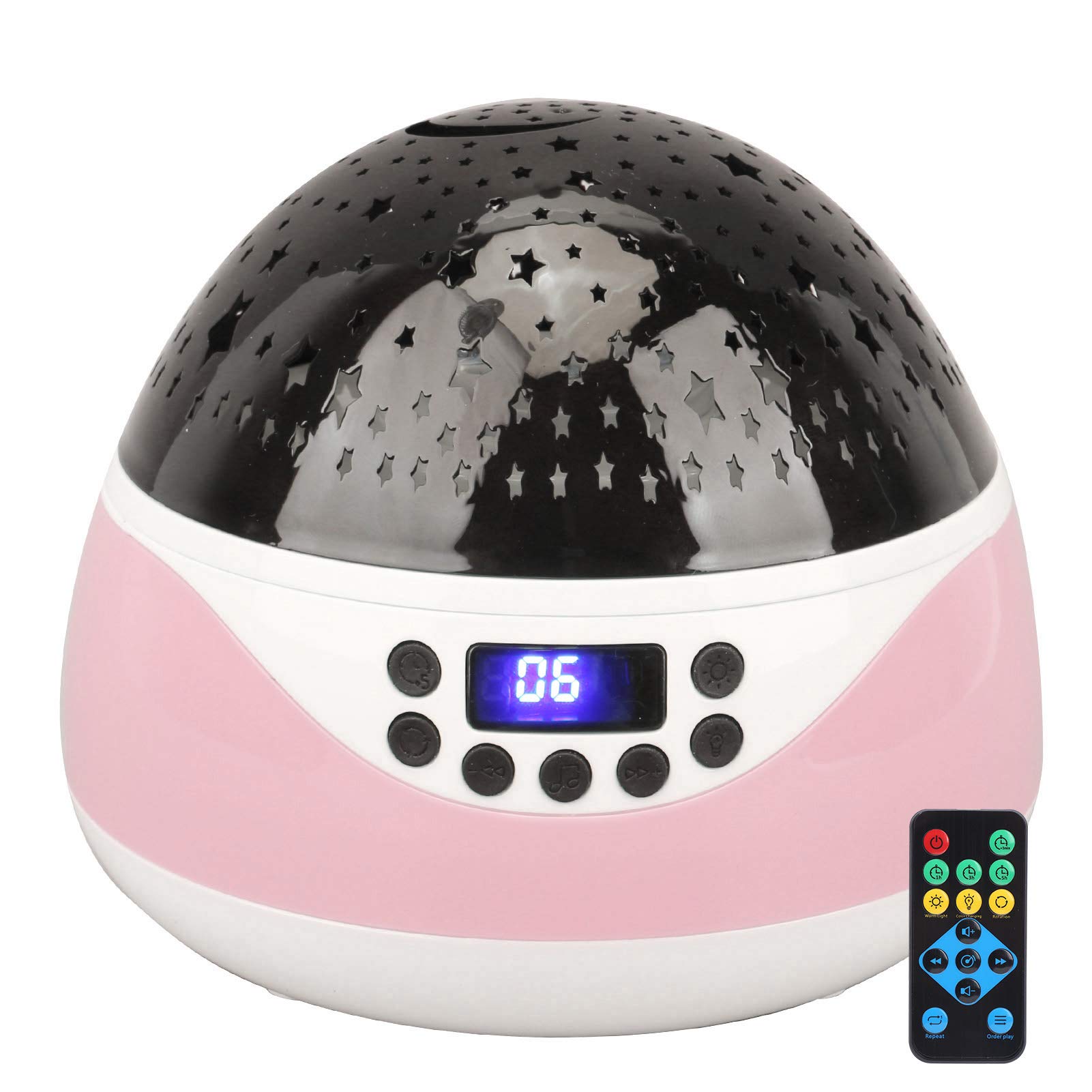 de Luz Nocturna con Control Remoto y Música para Niños, Pantalla LED, Rotación de 360 ​​grados, Material ABS, 14,5x14,5x13,5 Cm (Rosa)