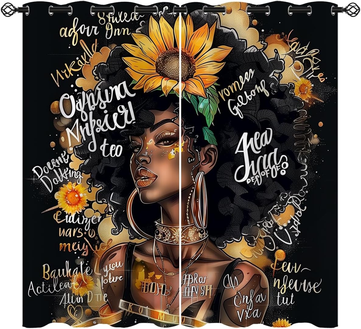 Afro African American Blackout Curtains for Girls Boys Kids Teens Home Decor, Black Girls Sunflowers Grommet Thermal Insulated Drapes Darkening Window Curtain for Bedroom Living Room, 42 x 45 Inch