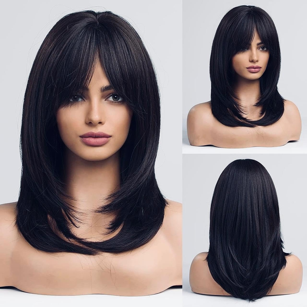 Layered wig with bangs Synthetic wig Glueless Heat Resistant Fiber Hair Synthetic for Fashion Women Daily Party, 22 Inch Long (Shoulder Length), Black Color + 02 Wig Cap Free (Black2)