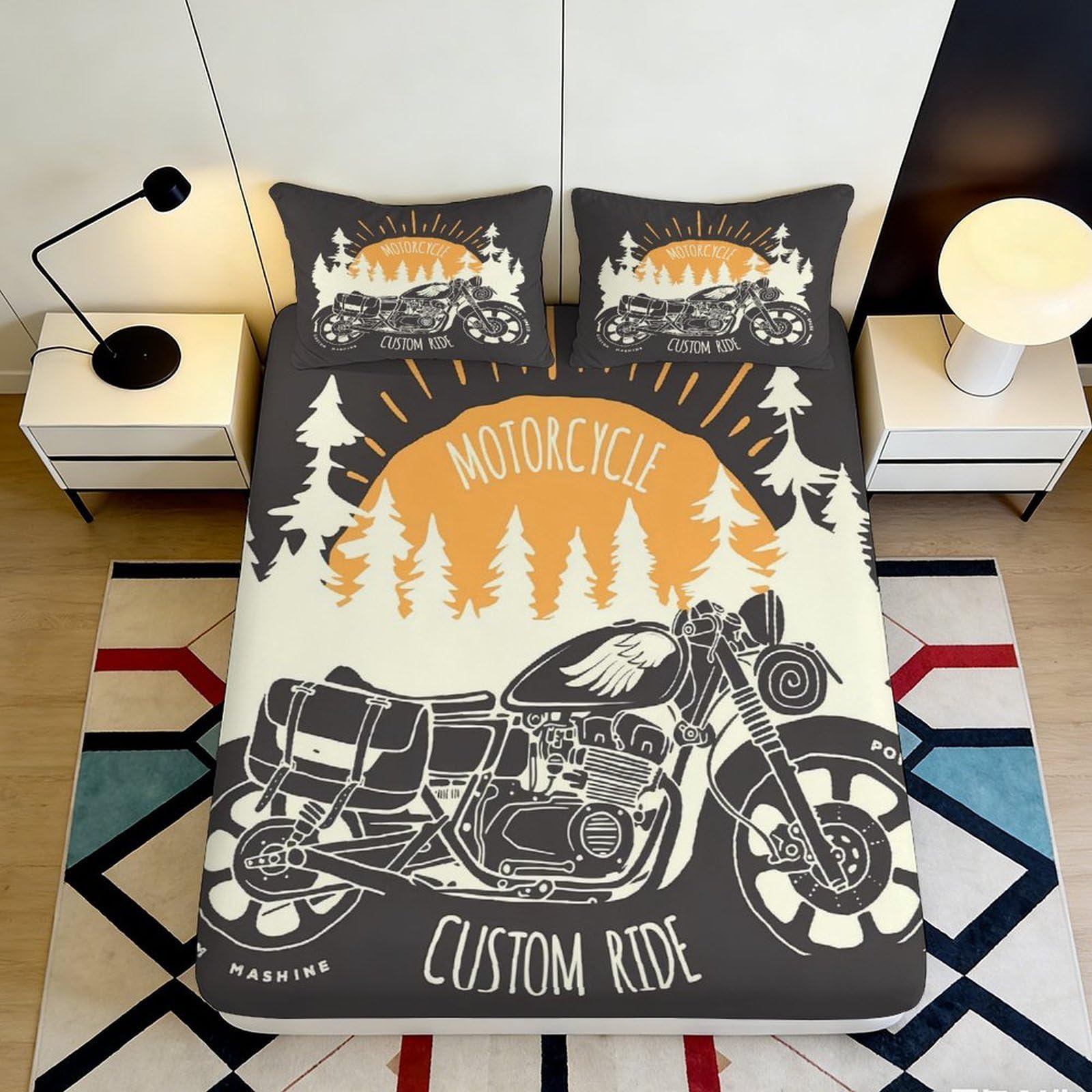 Jqzkxnhpbr Style-1 3D Printed Vintage Motorcycle Fitted Sheet Microfiber Soft Breathable Forest Sunset Bed Cover For Bedroom Dorm Mattress Protection Decor 90X200x25cm