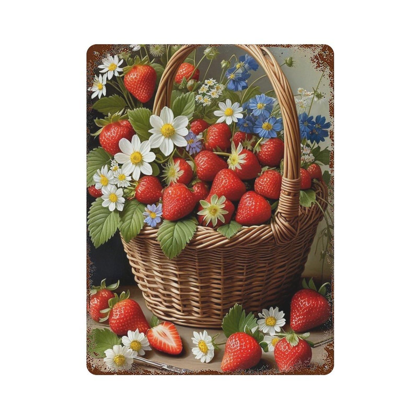 Strawberry Basket with Flowers Vintage Metal Tin Sign 15.7"x11.8", Farmhouse Wall Decor for Patio, Garden Room And Bar Decor