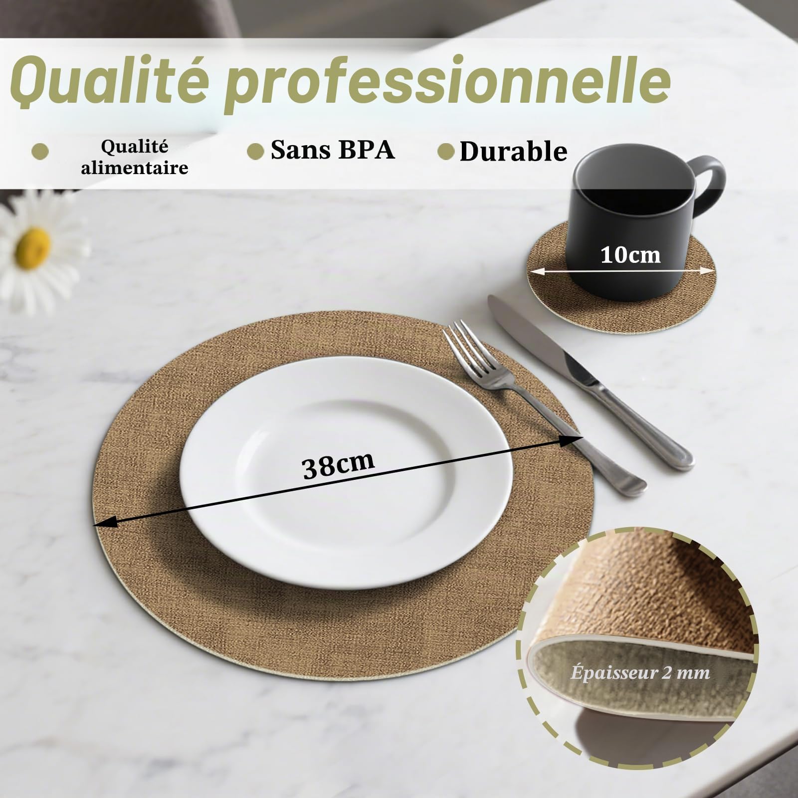 Lot de 6 Sets de Table Ronds en Cuir (38 cm) + 6 Dessous de Verre (10 cm), Résistants à la Chaleur, Antidérapants et Faciles à Nettoyer, Double Face pour Cuisine,Extérieur, (Crème/Beige)