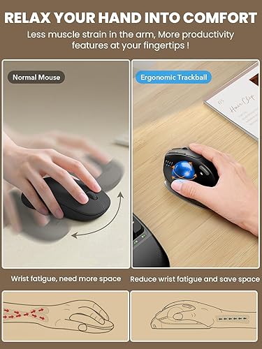 Vista 3 de Ratón trackball inalámbrico, ratón ergonómico Bluetooth recargable para computadora, ratón retroiluminado con bola rodante para pulgar para laptop