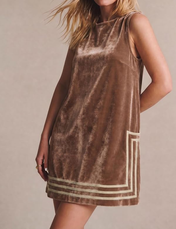 Athlisan Women's Velvet Mini Dress Sleeveless A Line Crew Neck Color Block Casual Skirtall with Pockets Party Outfit(Brown-S) by Athlisan - Used condition - Image 2