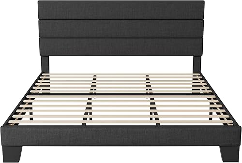 Miniatura 63 de Allewie - Base de cama tamaño King con cabecera tapizada en tela y soporte de listones de madera; base de colchón completamente tapizada; no Azul