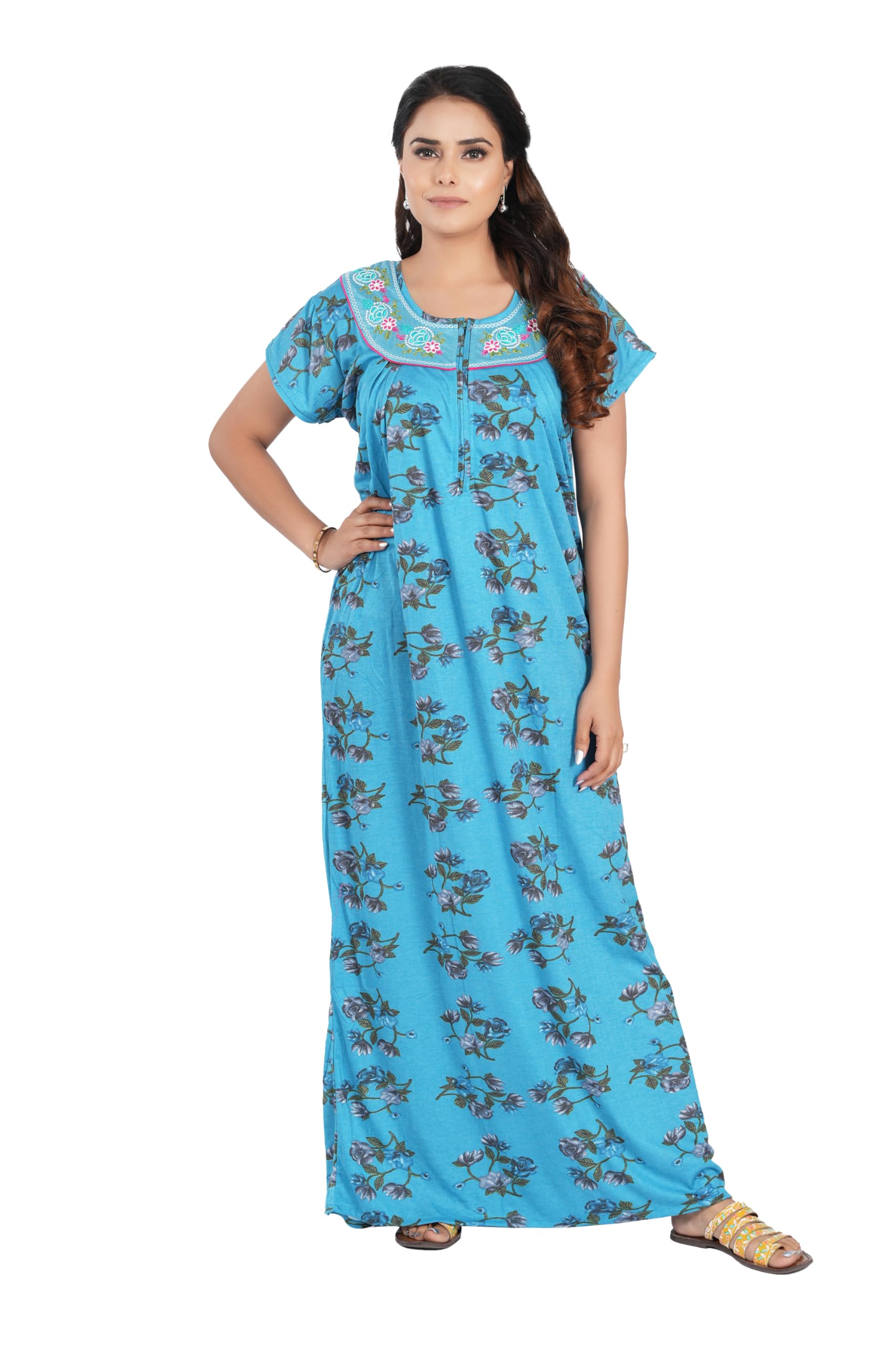 BHAVI Women's Hosiery Cotton Nighty/Nightgown/Maxi with Half Sleeves, Blue Floral Print (Size-XXL) Article-HS-142-picture-34