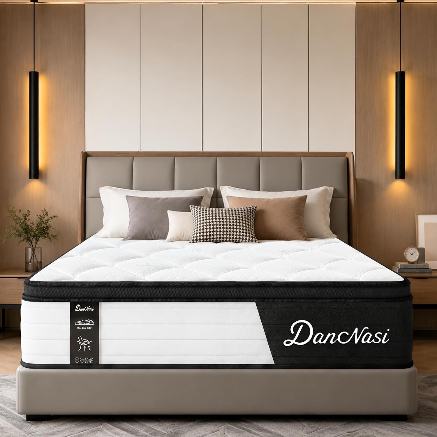 12 Inch Queen Size Hybrid Mattress in a Box, 365-Night Trial | Medium Feel, Cooling Gel Memory Foam, Latex Layer, Pocket Springs, Fiberglass-Free, CertiPUR-US Foam，Black White Design